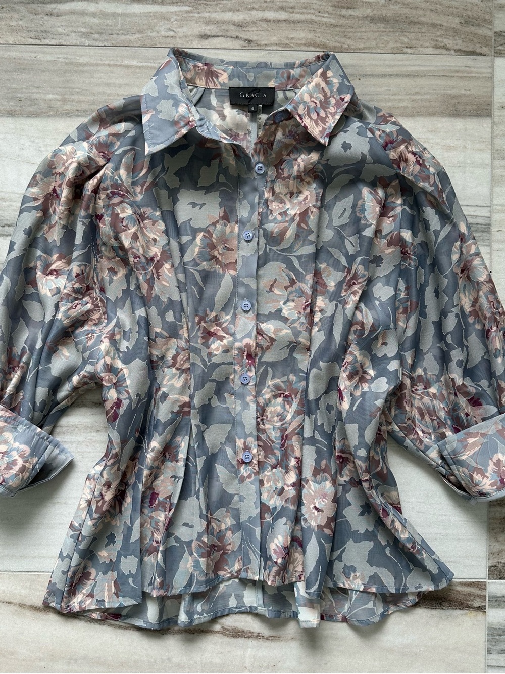 Gracia Gray Floral Button-Down Blouse with Soft Pink Blooms. Fitted at Waist.